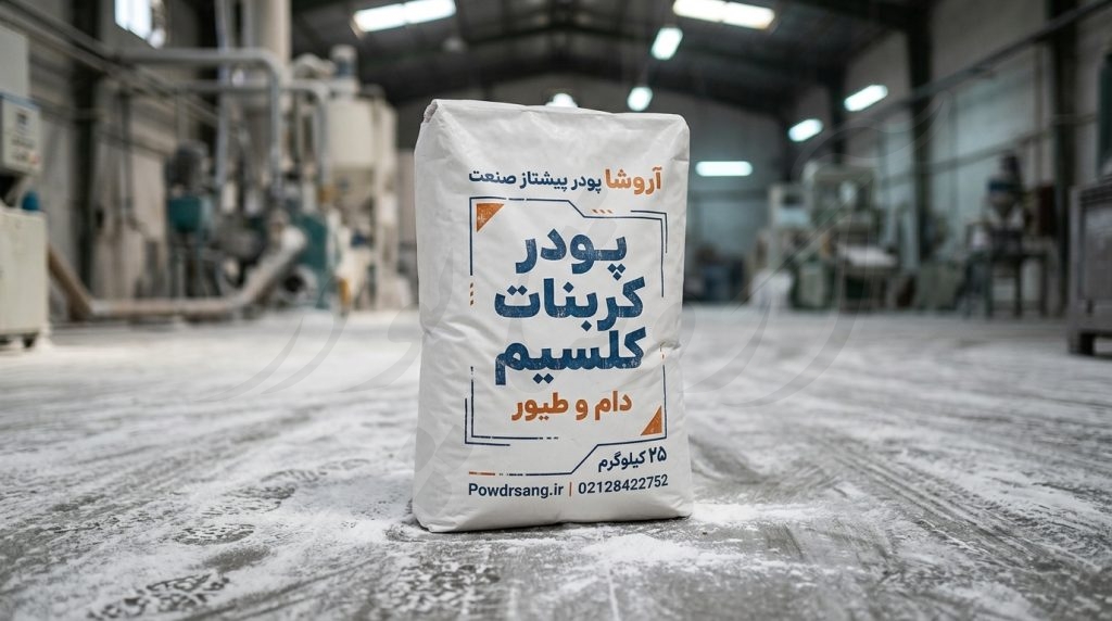 کیسه 25 کیلوگرمی کربنات کلسیم دام و طیور تولید شده در کارخانه تولید کربنات کلسیم آروشا پودر